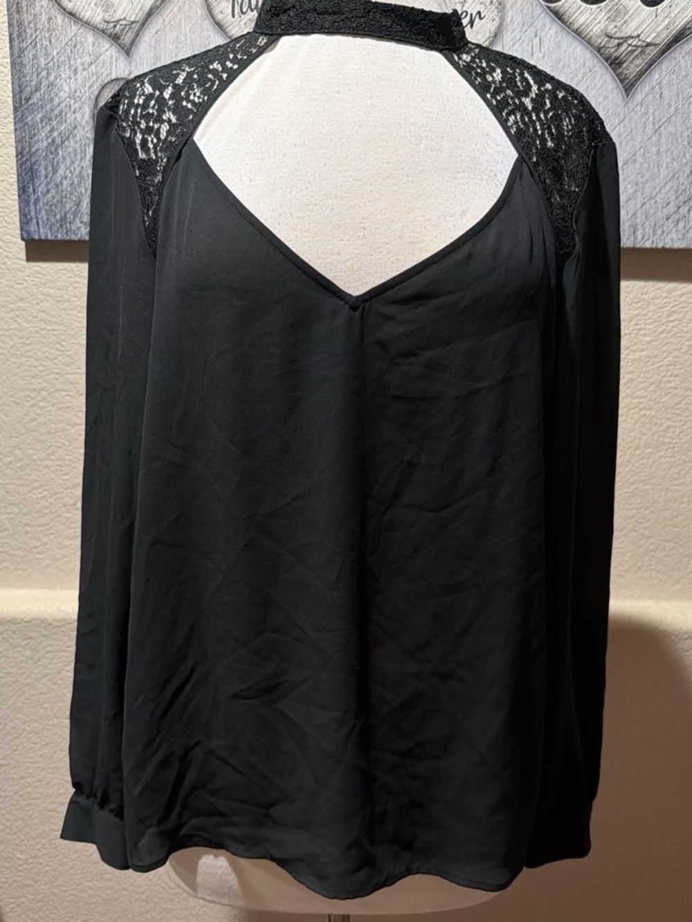 Guess Black Lace Yoke V-Back Long Sleeve Blouse